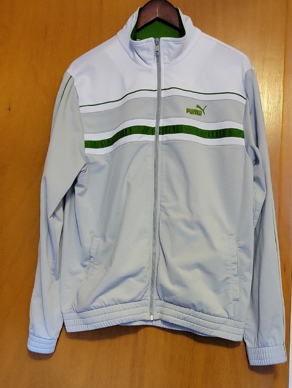 Puma Retro Style Light Gray and Green Zip-Up Track Jacket